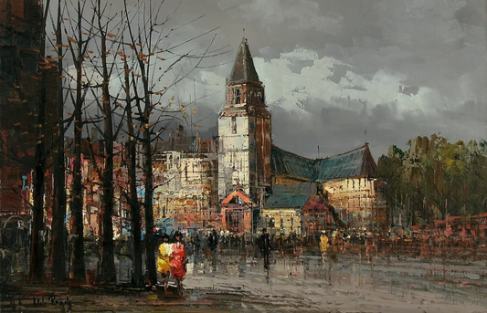 art-decoration-peinture-huile-toile-paysage-scene-rue-personnages-cathedrale