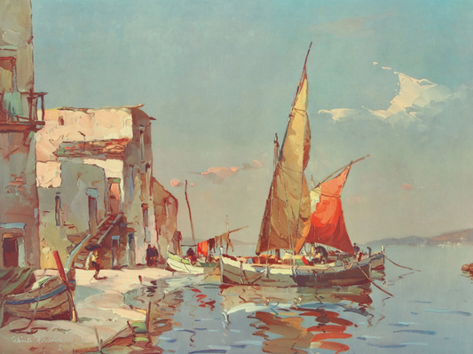art-decoration-peinture-huile-toile-paysage-marin-bateau-peche-voiles-Naples