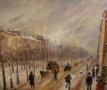 art-decoration-peinture-huile-toile-paysage-scene-rue-Paris-boulevards-hiver-neige