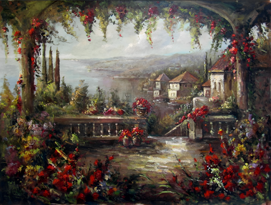 art-decoration-peinture-huile-toile-paysage-vue-mer-terrasse-jardin