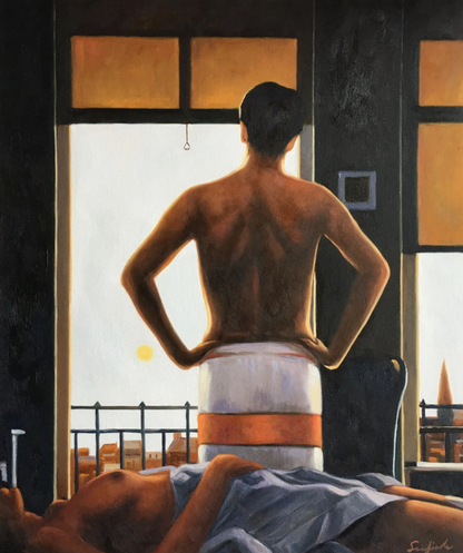 art-decoration-scene-personnages-femme-nue-homme-fenetre-peinture-huile-toile