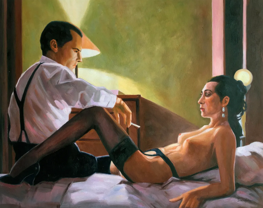 art-decoration-scene-personnages-femme-nue-homme-marié-peinture-huile-toile