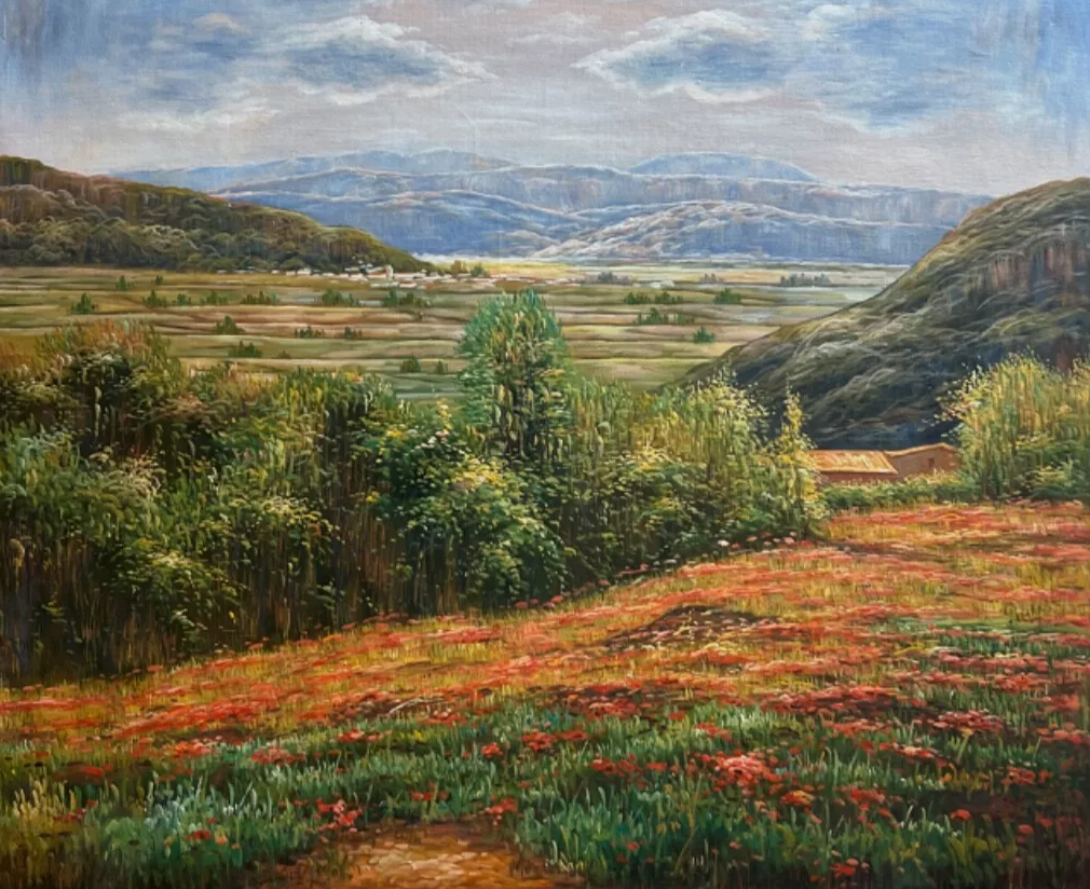 art-paysage-campagne-champ-fleurs-peinture-huile sur toile