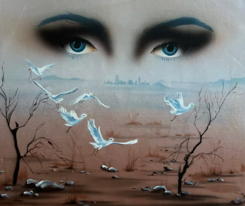 art-surréalisme-femme-oiseaux-vol-peinture-huile sur toile