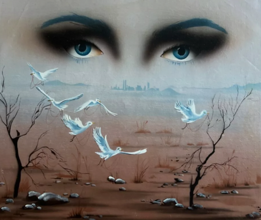 art-surréalisme-femme-oiseaux-vol-peinture-huile sur toile