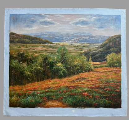 art-paysage-campagne-champ-fleurs-peinture-huile sur toile