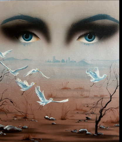 art-surréalisme-femme-oiseaux-vol-peinture-huile sur toile