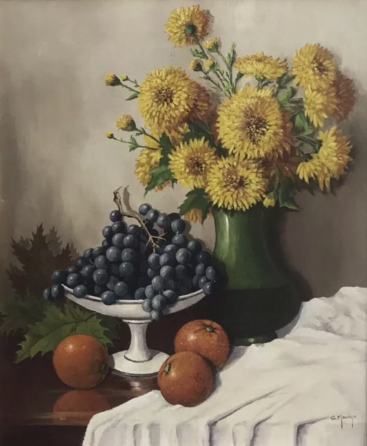 art-nature-morte-fleurs-bouquet-vase-fruits-raisin-orange-peinture-huile-toile