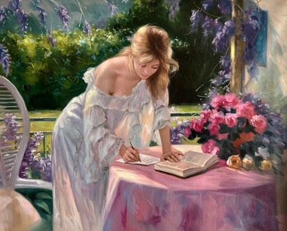 art-moderne-femme-scene-vie-semi nue-jardin-fleurs-peinture-huile-toile