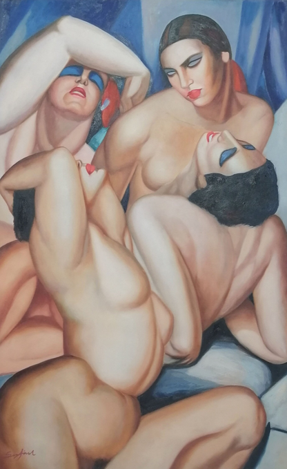 art-deco-scene-erotique-femmes-nues-lesbiennes-peinture-huile-toile
