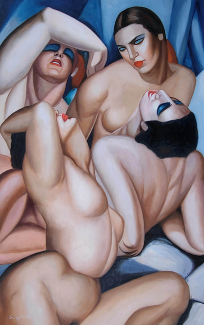 art-deco-scene-erotique-quatre-femmes-nues-lesbiennes-peinture-huile-toile