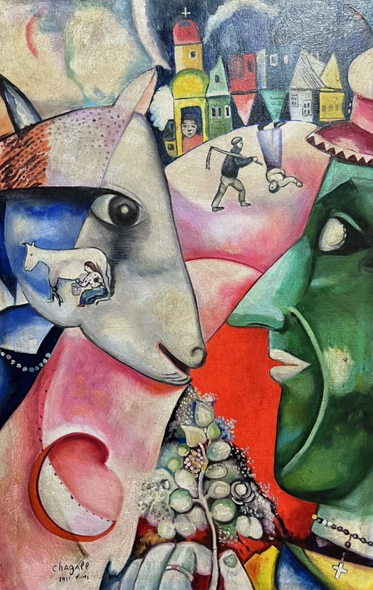 art-abstrait-personnages-ferme-peinture-huile-toile-inspirée de Chagall