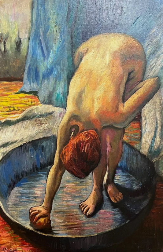 art-decoration-tableau-peinture-huile-toile-portrait-femme-nue-bain-inspirée de Degas