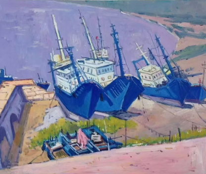 art-decoration-tableau-peinture-huile-toile-paysage-marin-bateaux-peche