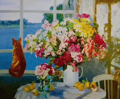 art-decoration-tableau-peinture-huile-toile-animal-chat-fenetre-nature-morte-fleurs