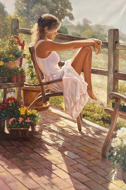 art-decoration-tableau-peinture-huile-toile-portrait-jeune-femme-assise-campagne