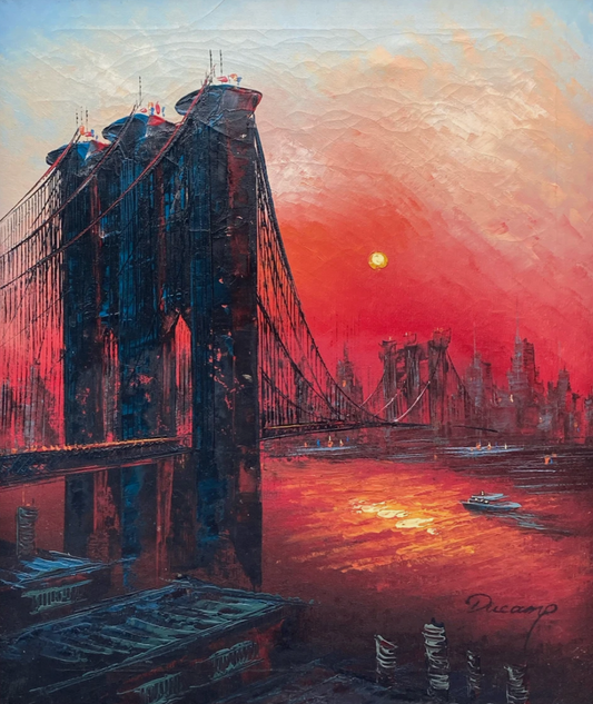 art-decoration-tableau-peinture-huile-toile-moderne-skyline-new york-pont-Brooklyn-soleil-rouge