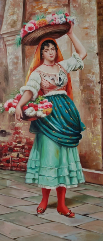 art-decoration-tableau-peinture-huile-toile-portrait-feminin-femme-marchande-fleurs