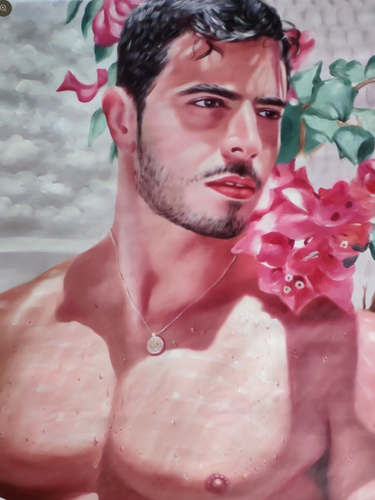 art-decoration-tableau-peinture-huile-toile-portraitmasculin-male-homme-torse-nu-fleurs