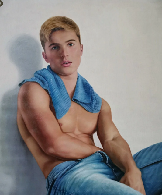 art-decoration-tableau-peinture-huile-toile-erotique-sexy-portrait-masculin-male-jeune-homme-torse-nu-serviette
