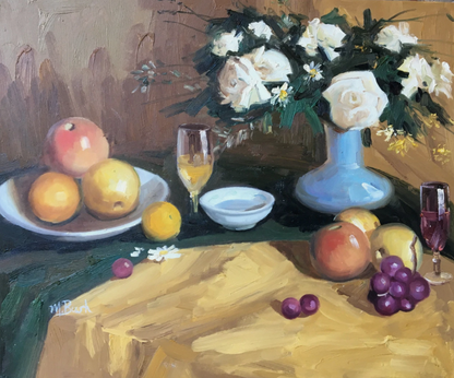 art-decoration-tableau-peinture-huile-toile-nature-morte-fleurs-roses-vase-fruits