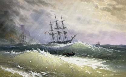 art-decoration-tableau-peinture-huile-toile-scene-rayon-soleil-mer-vague-tempete