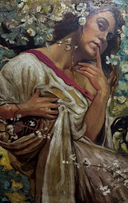 art-decoration-tableau-peinture-huile-toile-art nouveau-portrait-feminin-femme-fleurs-d'après Mucha