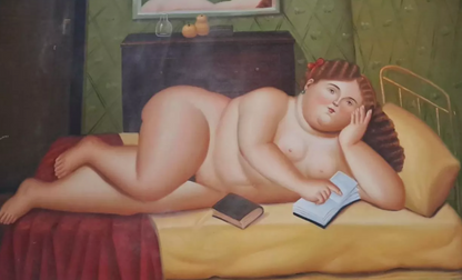 art-decoration-tableau-peinture-huile-toile-portrait-femme-nue-peintre-d'apres Botero