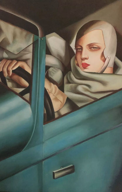 art-decoration-tableau-peinture-huile-toile-portrait-scene-feminin-art deco-femme-voiture