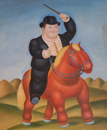 art-decoration-tableau-peinture-huile-toile-portrait-homme-cavalier-cheval-d'apres Botero