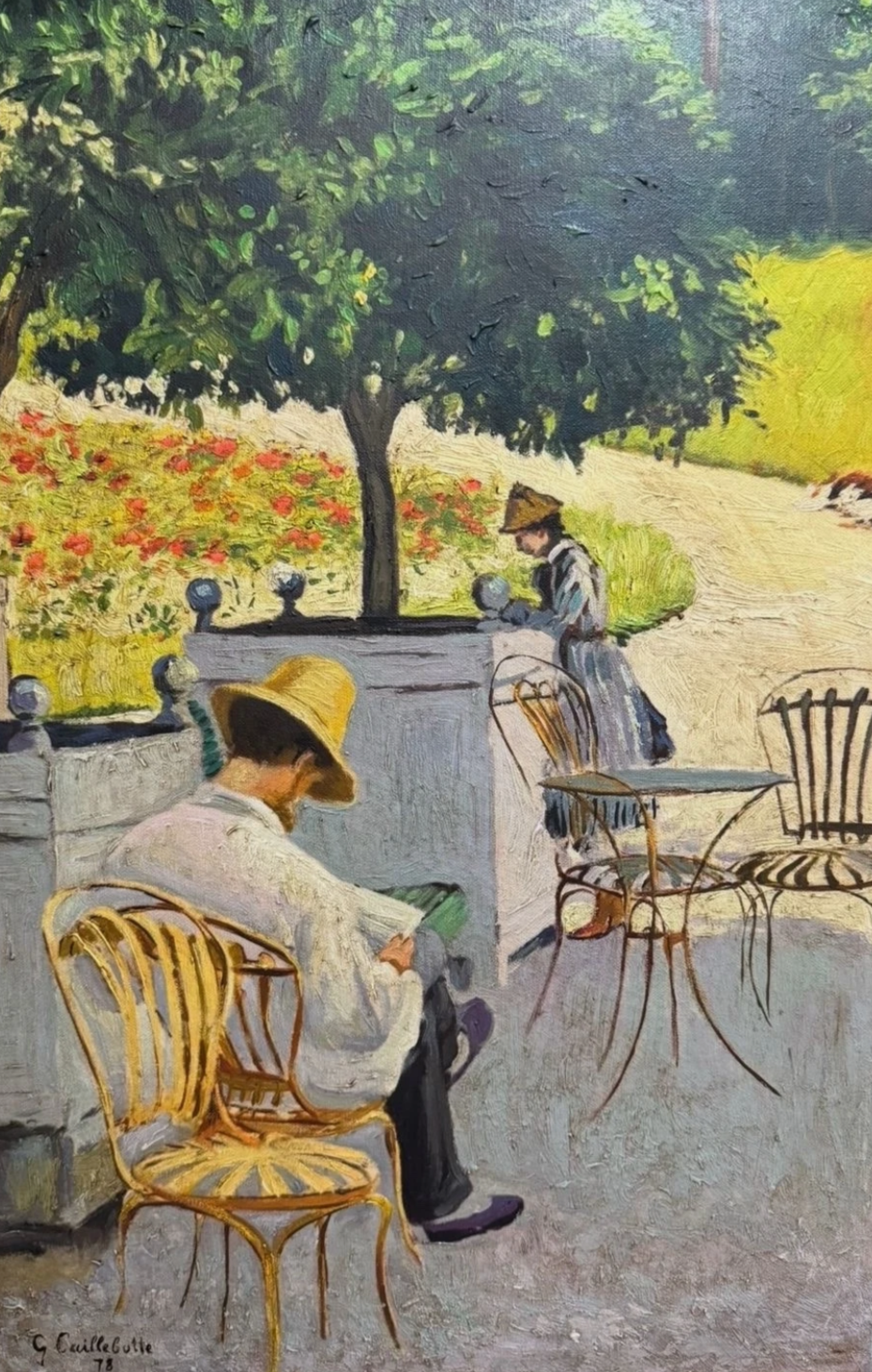 art-decoration-tableau-peinture-huile-toile-scene-vie-homme-lisant-journal-parc-d'après Gustave Caillebotte