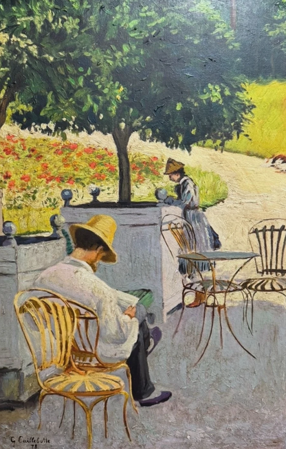 art-decoration-tableau-peinture-huile-toile-scene-vie-homme-lisant-journal-parc-d'après Gustave Caillebotte