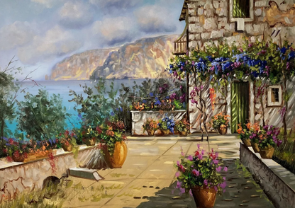 art-decoration-tableau-peinture-huile-toile-paysage-terrasse-fleuri