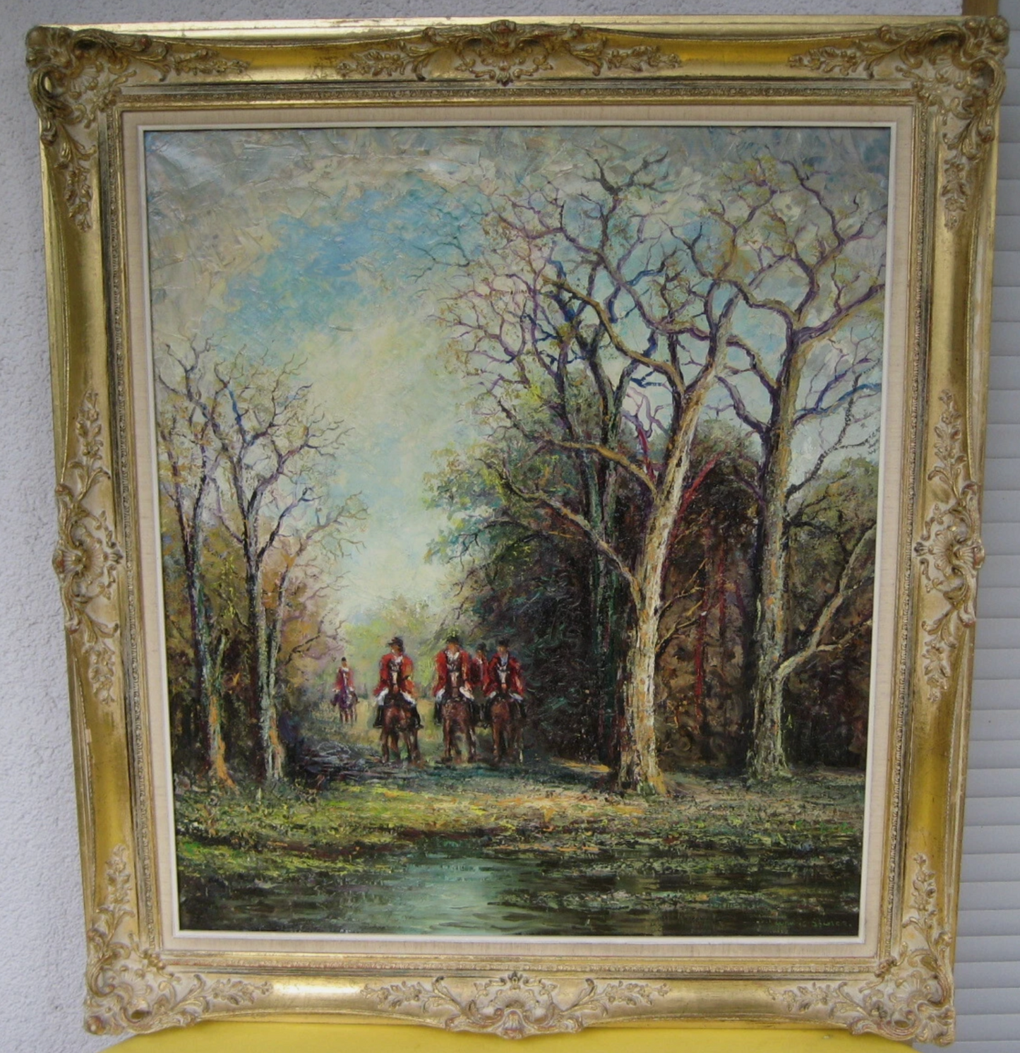 art-decoration-tableau-peinture-huile-toile-scene-chasse-cour-chevaux-foret