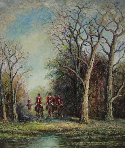 art-decoration-tableau-peinture-huile-toile-scene-chasse-cour-chevaux-foret