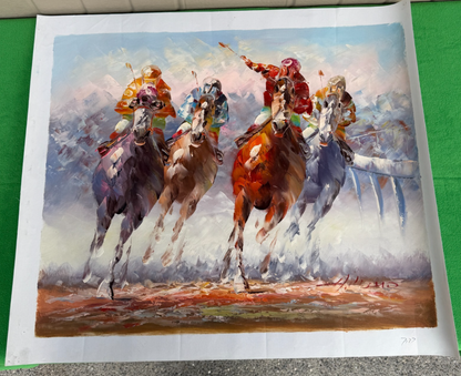 art-moderne-course-hippique-chevaux-galops-sport-peinture-huile-toile-signée-Anthony Vecchio