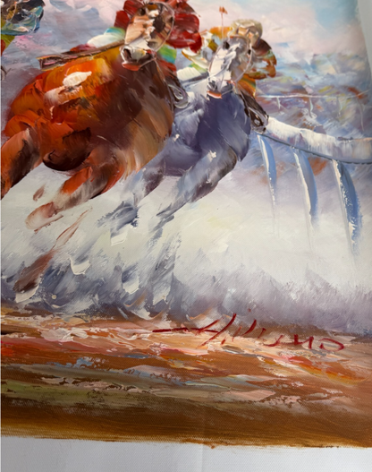 art-moderne-course-hippique-chevaux-galops-sport-peinture-huile-toile-signée-Anthony Vecchio