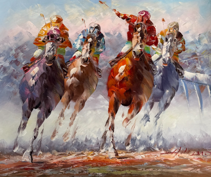 art-moderne-course-hippique-chevaux-galops-sport-peinture-huile-toile-signée-Anthony Vecchio