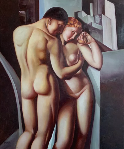art-deco-adam-eve-tableau-peinture-huile sur toile-signée voltz