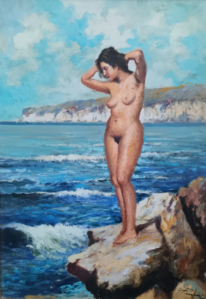 art-decoration-tableau-peinture-huile-toile-portrait-feminin-femme-nue-plage