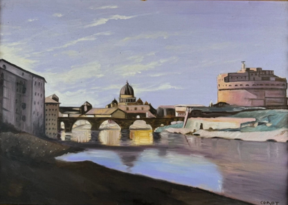 art-decoration-tableau-peinture-huile-toile-paysage-riviere-pont-chateau-italie