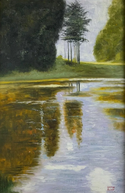 art-decoration-tableau-peinture-huile-toile-paysage-etang-enchanté-reflet-arbres