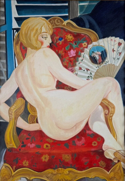 art-decoration-tableau-peinture-huile-toile-portrait-feminin-femme-nue-eventail