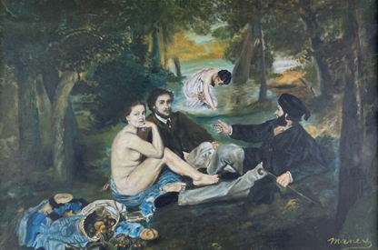 art-decoration-tableau-peinture-huile-toile-scene-personnages-femme-nue-dejuener-herbe