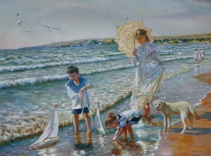 art-decoration-tableau-peinture-huile-toile-scene-vie-enfants-plage-chien