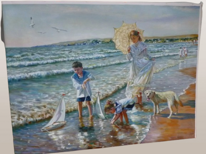 art-decoration-tableau-peinture-huile-toile-scene-vie-enfants-plage-chien