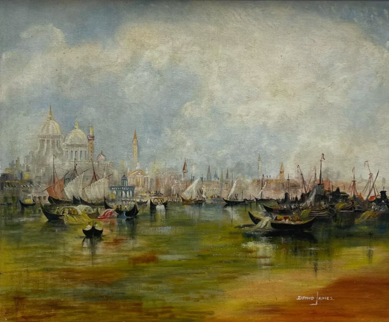art-decoration-tableau-peinture-huile-panneau-paysage-marin-Venise