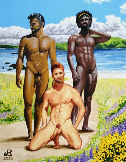 art-decoration-tableau-peinture-huile-panneau toile-erotique-homme-nu-gay-trio-amoureux