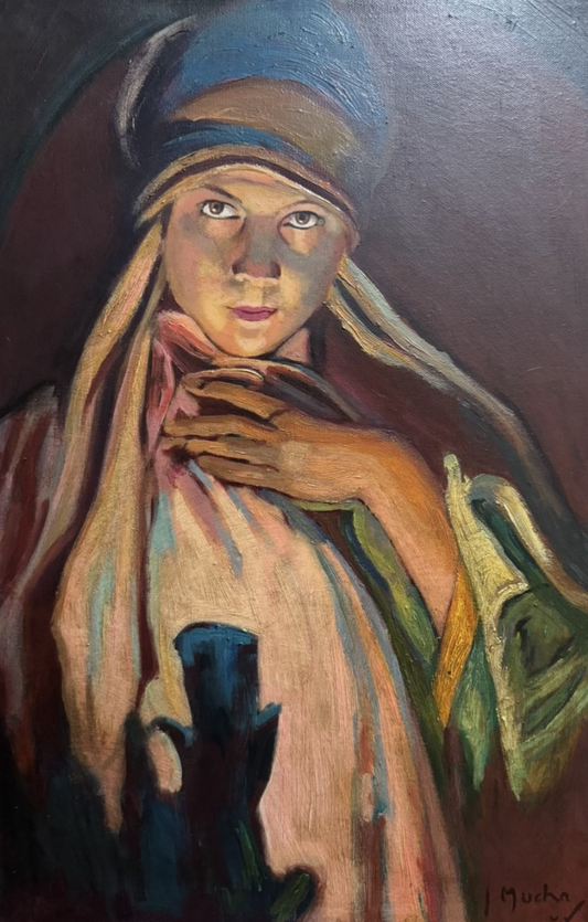 art-decoration-tableau-peinture-huile-toile-art nouveau-portrait-feminin-femme-turban-d'après Mucha