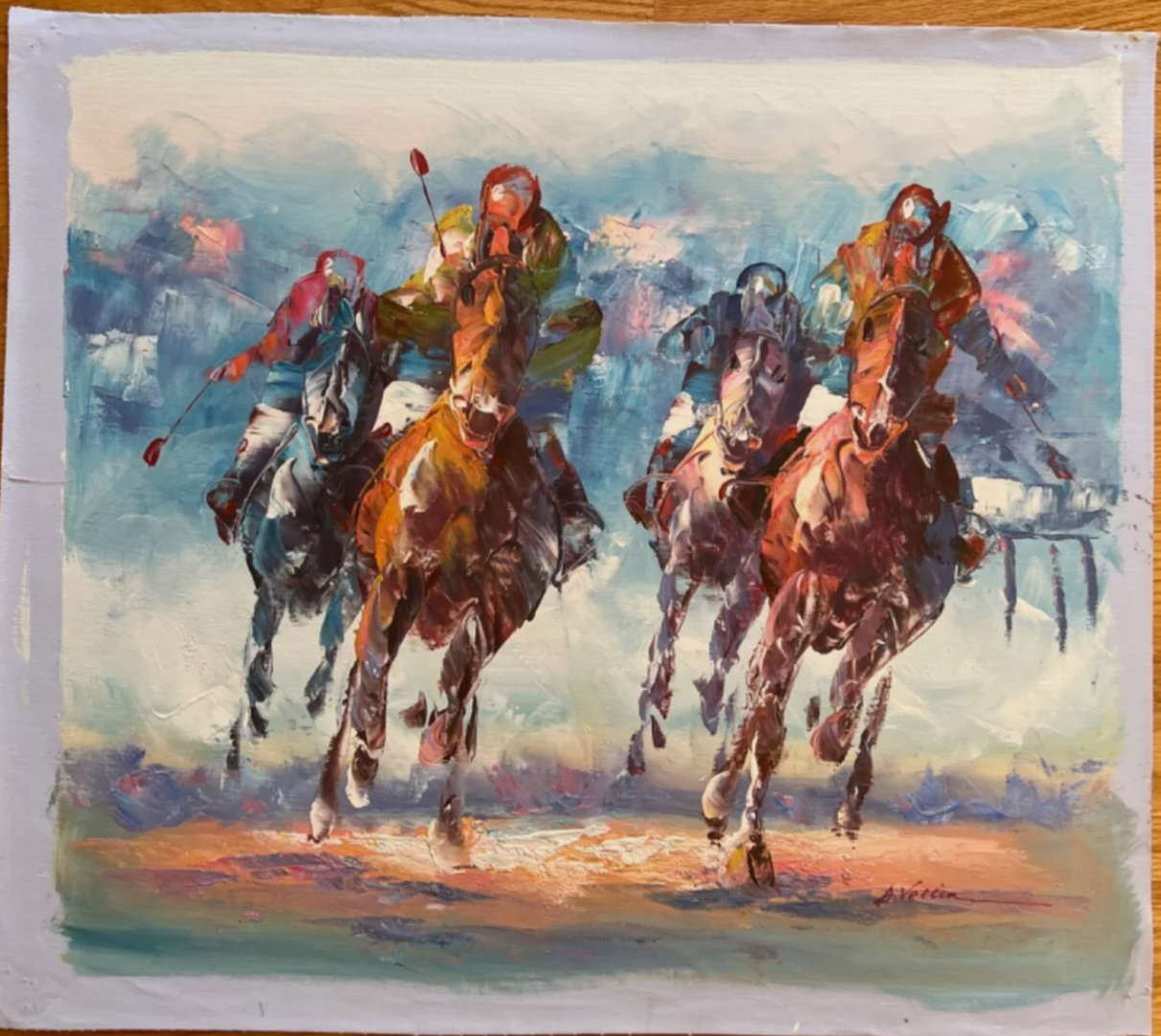 art-decoration-tableau-peinture-huile-toile-scene-course-hippique-chevaux-galop-jockey